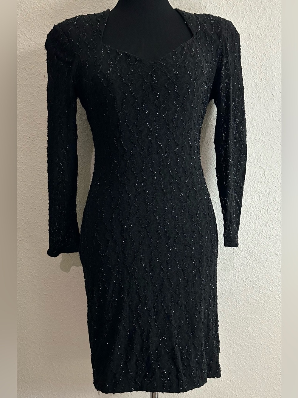 VTG 80s Niki Livas Black Bodycon Metallic Illusion Slv Party Prom Dress
